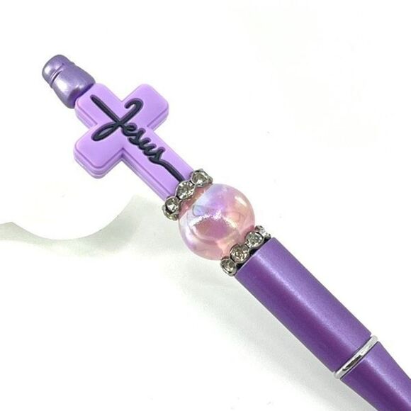 Jesus cross Christ Christian handmade pen NEW beads rhinestone bling lavender pu - Picture 1 of 6